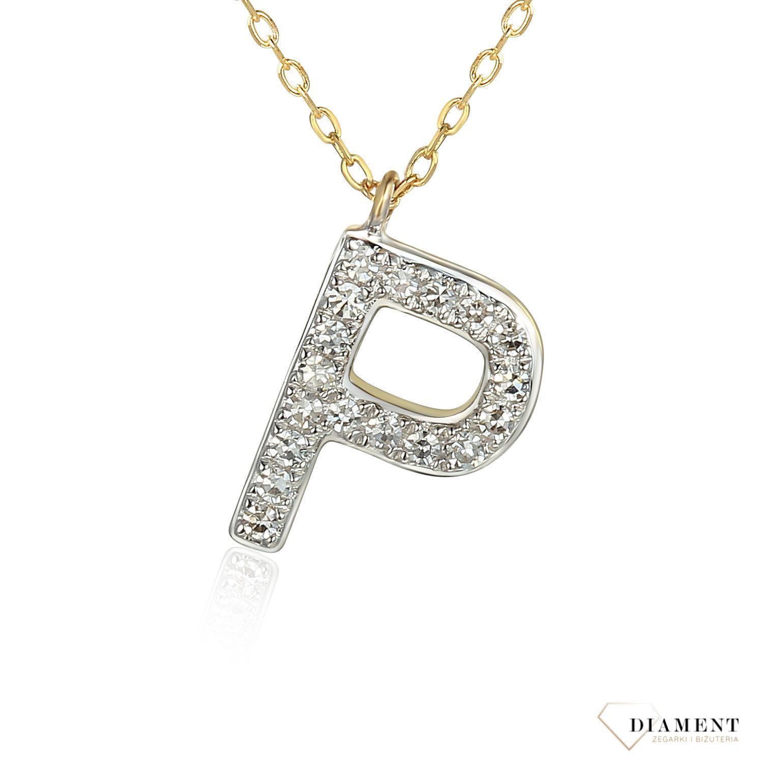 Złoty naszyjnik DIAMENT celebrytka 585 z literka P, diamenty N09119 Y C.  Złoty naszyjnik celebrytka z modną zawieszką w kształcie litery P 09119N001-G1Q1.jpg